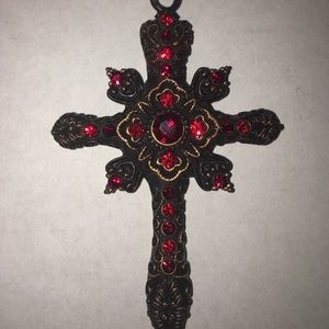 Ornate Cross Necklace with ruby red stones